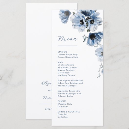 Blauwe Transparante Bloemen Bruiloft Menu (Voorkant / Achterkant)