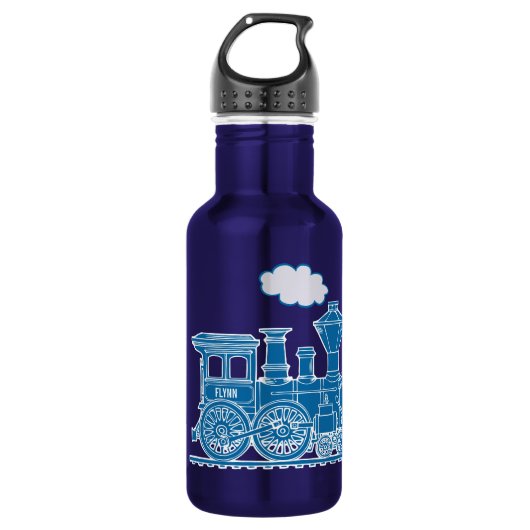 Blauwe trein kinder naam gele drinken fles (Voorkant)
