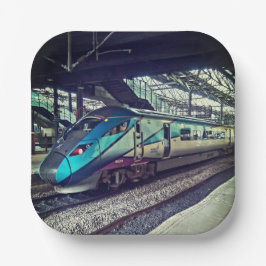 Blauwe trein papieren bordje