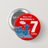 Blauwe trein rode verjaardag naam leeftijd 7 ronde button 5,7 cm (Voorkant /achterkant)