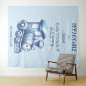 Blauwe Trein Verjaardagsfeestje Achtergrond Wandkleed (In Situ (horizontaal))