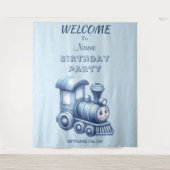 Blauwe Trein Verjaardagsfeestje Achtergrond Wandkleed (Voorkant)