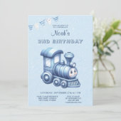 Blauwe Trein Verjaardagsfeestuitnodiging Kaart (Staand voorkant)