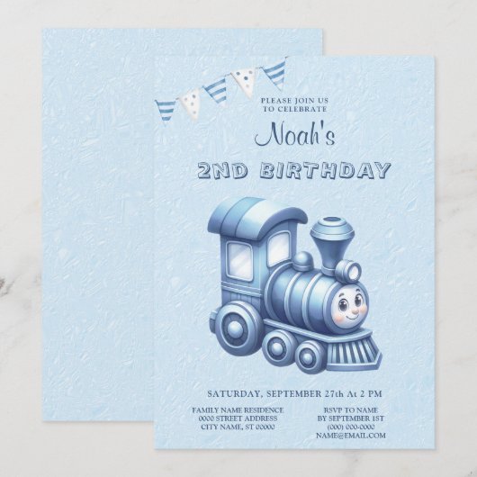 Blauwe Trein Verjaardagsfeestuitnodiging Kaart (Voorkant / Achterkant)