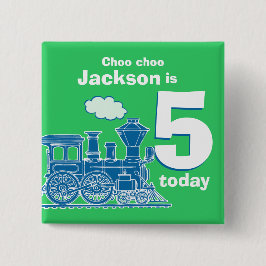 Blauwe trein verjaardagsnaam en leeftijd 5 groene  vierkante button 5,1 cm