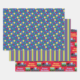 Blauwe treinmotor en steenkoolauto inpakpapier vel