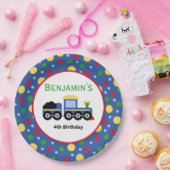 Blauwe treinmotor en steenkoolauto papieren bordje (Feest)