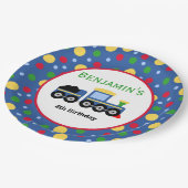 Blauwe treinmotor en steenkoolauto papieren bordje (Gekanteld)