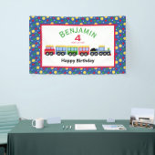 Blauwe treinmotor en steenkoolauto spandoek (Beurs)