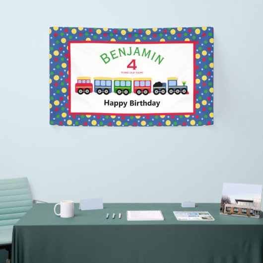 Blauwe treinmotor en steenkoolauto spandoek (Beurs)