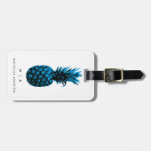 Blauwe Trendy ananas | Monogram Aangepast Bagagelabel (Voorkant horizontaal)