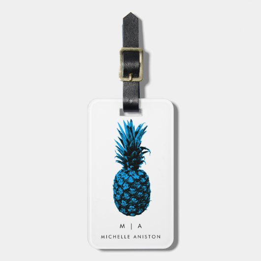 Blauwe Trendy ananas | Monogram Aangepast Bagagelabel (Voorkant verticaal)