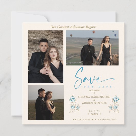 Blauwe Trendy Branches Wedding Save Date 3 Foto's (Voorkant)