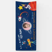 Blauwe Trendy Kosmische Raket Planeet Kinderen Ver Spandoek (Verticaal)