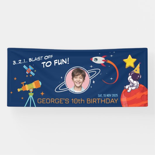 Blauwe Trendy Kosmische Raket Planeet Kinderen Ver Spandoek (Horizontaal)