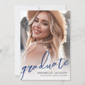 Blauwe trendy script afstudeerfoto afstuderen kaart (Voorkant)