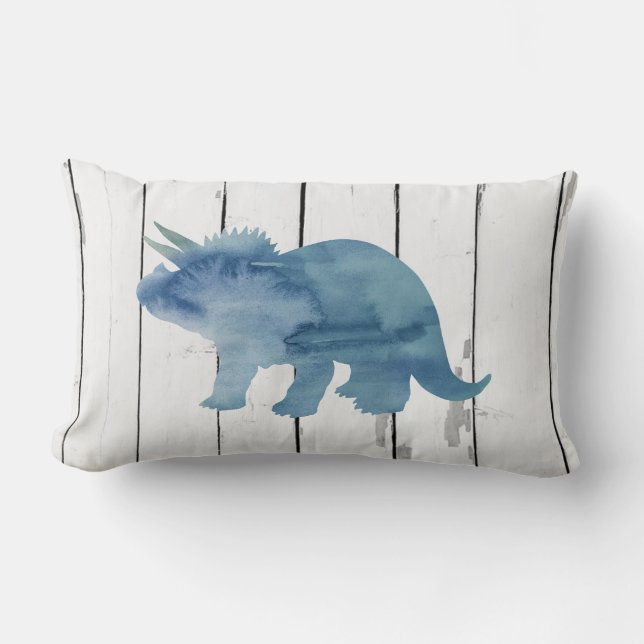 Blauwe Triceratops Dinosaur Shiplap Rustiek Decor Kussen (Voorkant)