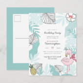 Blauwe tropische bladeren | Flamingo verjaardagsfe Uitnodiging Briefkaart (Voorkant / Achterkant)