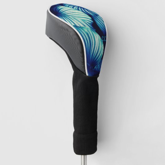 Blauwe tropische bladeren golfheadcover (Schuin)
