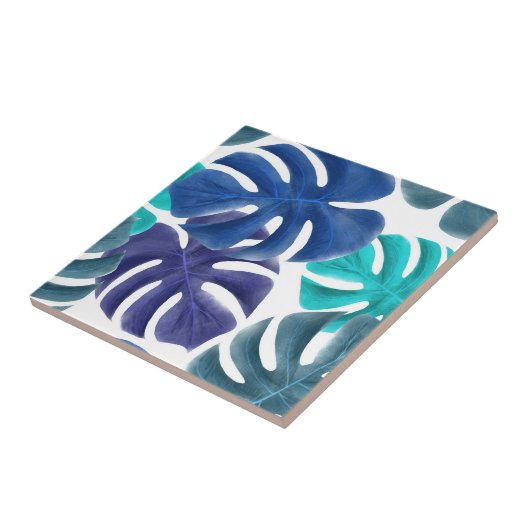Blauwe tropische bladeren tegeltje (Zijkant)