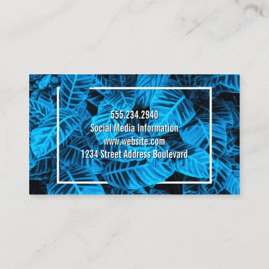 Blauwe tropische bladeren visitekaartje (Achterkant)