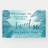 Blauwe tropische bladeren, zoet zestien spandoek (Horizontaal)