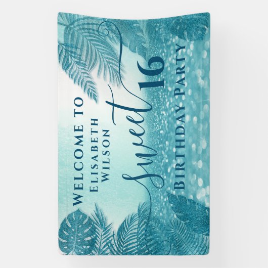 Blauwe tropische bladeren, zoet zestien spandoek (Verticaal)