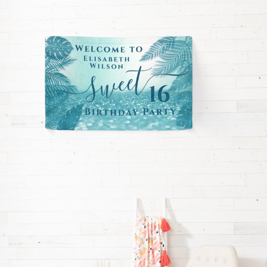 Blauwe tropische bladeren, zoet zestien spandoek (Insitu)