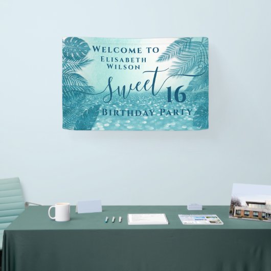 Blauwe tropische bladeren, zoet zestien spandoek (Beurs)