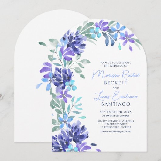 Blauwe Tropische Bloemboog bruiloft Kaart (Voorkant / Achterkant)