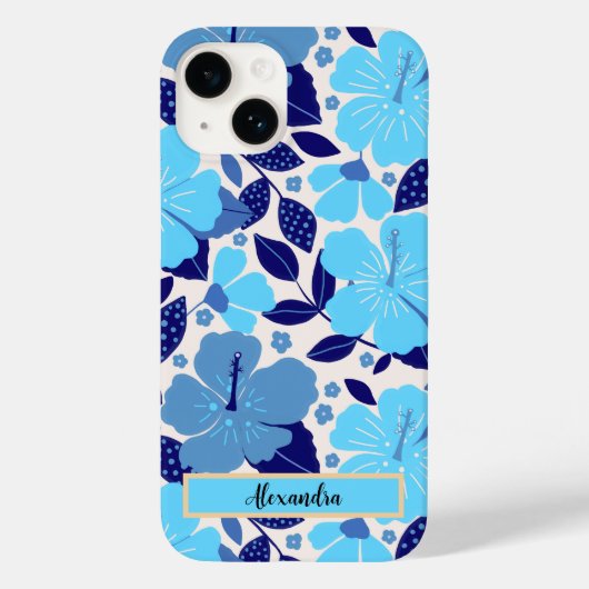 Blauwe tropische bloemen gepersonaliseerd Case-Mate iPhone case (Achterkant)
