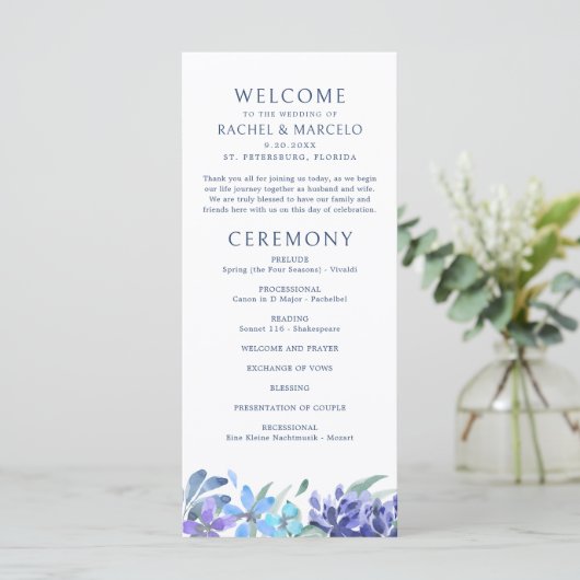 Blauwe Tropische Bloemen Trouwprogramma (Staand voorkant)