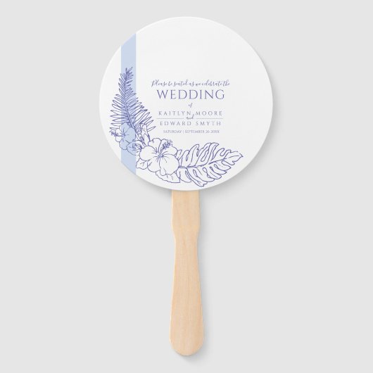 blauwe tropische botanica lijnbruiloft handwaaier (Voorkant)