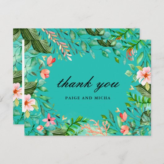 Blauwe tropische botanische bruiloft dank u briefkaart (Voorkant / Achterkant)