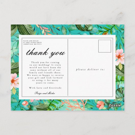 Blauwe tropische botanische bruiloft dank u briefkaart (Achterkant)