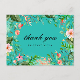 Blauwe tropische botanische bruiloft dank u briefkaart