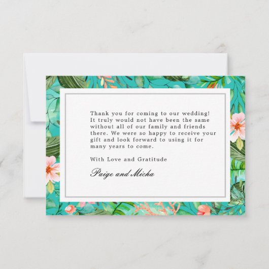 Blauwe tropische botanische bruiloft dank u kaart (Achterkant)