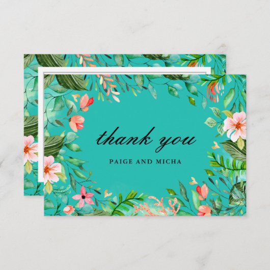 Blauwe tropische botanische bruiloft dank u kaart (Voorkant / Achterkant)