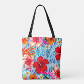 Blauwe Tropische hibiscus bloemen Tote Bag (Achterkant)