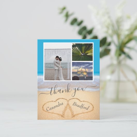 Blauwe tropische kever in zand huwelijk bedankkaart (Staand voorkant)