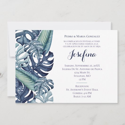 Blauwe Tropische Loofrand Quinceañera Kaart (Voorkant)