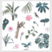 Blauwe tropische palmbladeren, dieren en planten i sticker (Vel)