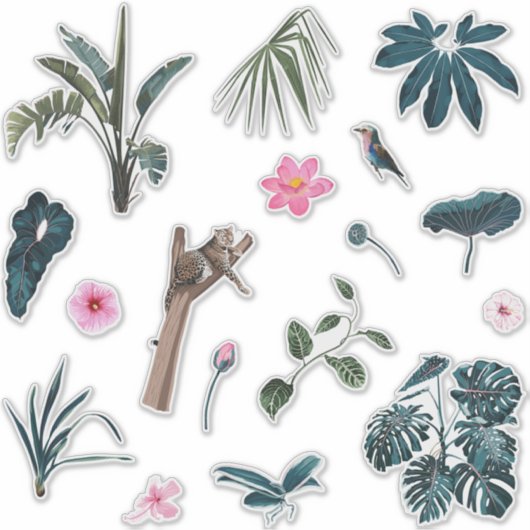 Blauwe tropische palmbladeren, dieren en planten i sticker (Voorkant)