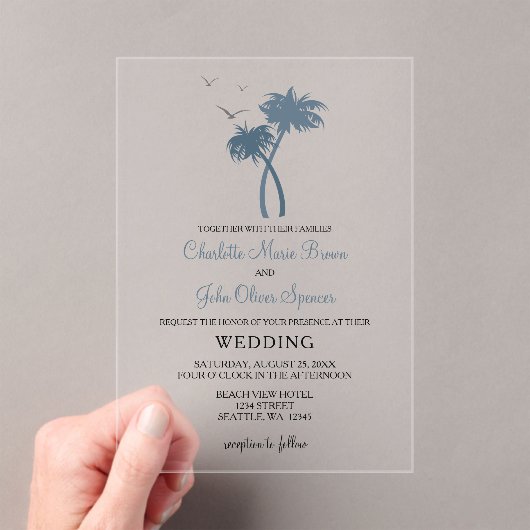 Blauwe tropische palmbomen Weddenschappen Acryl Uitnodigingen (Insitu (Draagbaar))