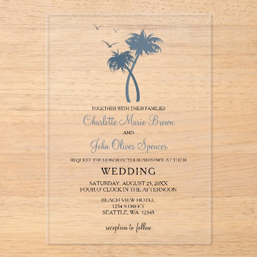 Blauwe tropische palmbomen Weddenschappen Acryl Uitnodigingen (Voorkant)