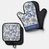 Blauwe tropische palmboom Toile gepersonaliseerd Ovenwant & Pannenlap Set (Voorkant / Achterkant)
