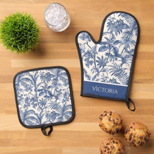 Blauwe tropische palmboom Toile gepersonaliseerd Ovenwant & Pannenlap Set (Top down)