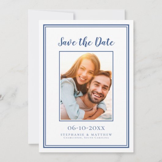 Blauwe Trouw Simpele Verlovingsfoto Modern Save The Date (Voorkant)