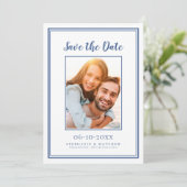 Blauwe Trouw Simpele Verlovingsfoto Modern Save The Date (Staand voorkant)