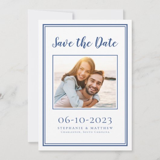Blauwe Trouw Simpele Verlovingsfoto Modern Save The Date (Voorkant)
